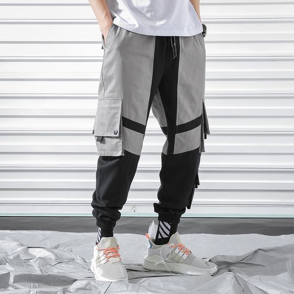 

men's hip hop streetwear patchwork pockets joggers pants men 2019 men cotton cargo trousers elastic waist harem pant 5xl, Black