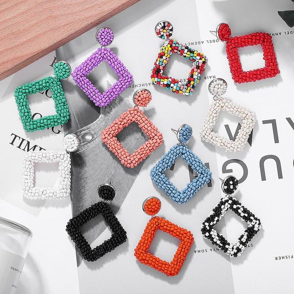 

bohemian sewing rhombic resin rice beads hand earrings european and american simple earrings, Silver