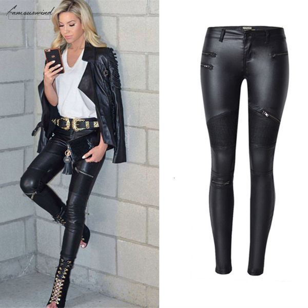 

faux leather women pants elastic broeken leather pants female trousers leren zipper drop shipping good quality, Black;white