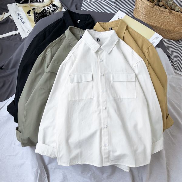 

autumn cotton shirt men's fashion solid color shirt men slim fit dress casual tooling long-sleeved shirts mens -3xl, White;black