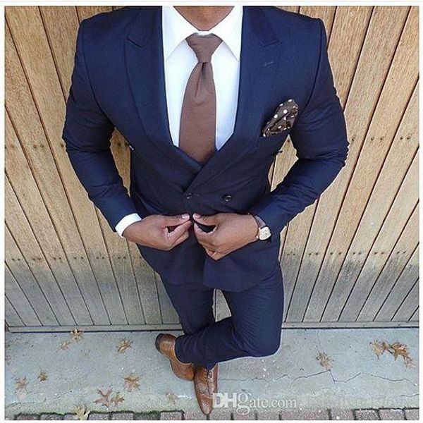 Ternos de casamento de alta qualidade Abotoamento Azul marinho Noivo Smoking Groomsmen pico lapela Melhor Mens Man Blazer (jaqueta + calça + gravata) D: 29