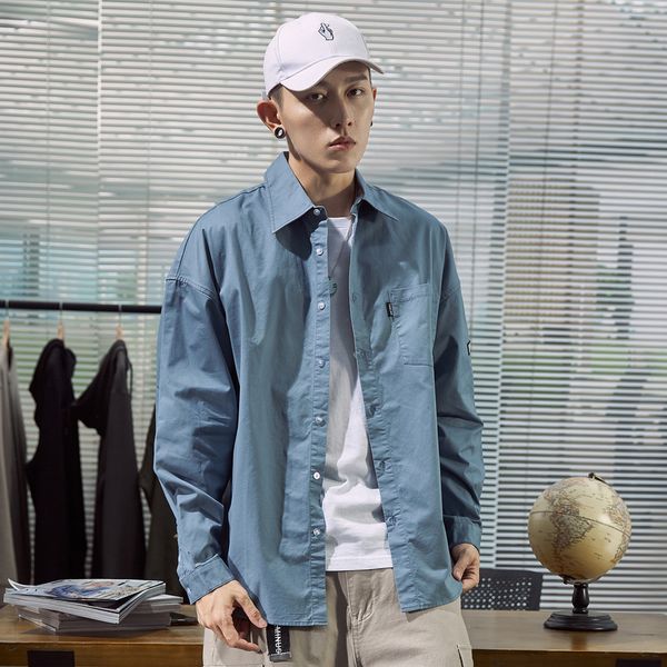

korean simple casual cotton men shirt solid blue loose long sleeve button shirts camisa hombre retro men clothes new mm60ncs, White;black