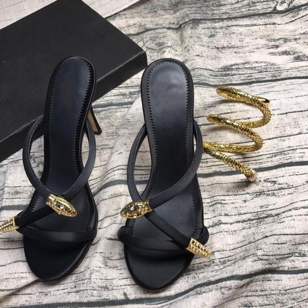 

slippers shoes woman leather high thin heels flip flops cross-tied snake metal decora sapato feminino, Black