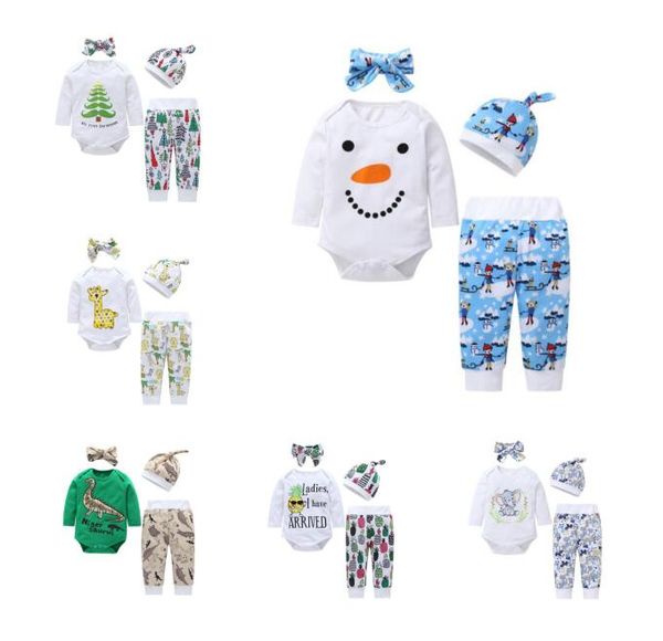 

wholesale 7 style baby suit christmas print set cartoon long sleeve romper+pant+hat with headband 4pcs/lot baby girl designer clothes by0837, White