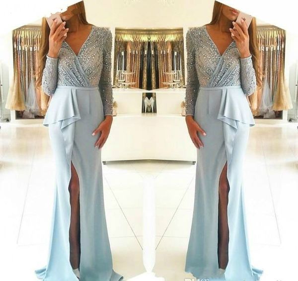 

2019 new sky blue evening dresses v neck long sleeves formal party guests gown plus size hi low dress, White;black
