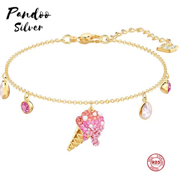 

pandoo fashion charm pure 925 silver original 1:1 copy, cute pink ice cream exquisite wild bracelet female luxury jewelry gifts, Golden;silver
