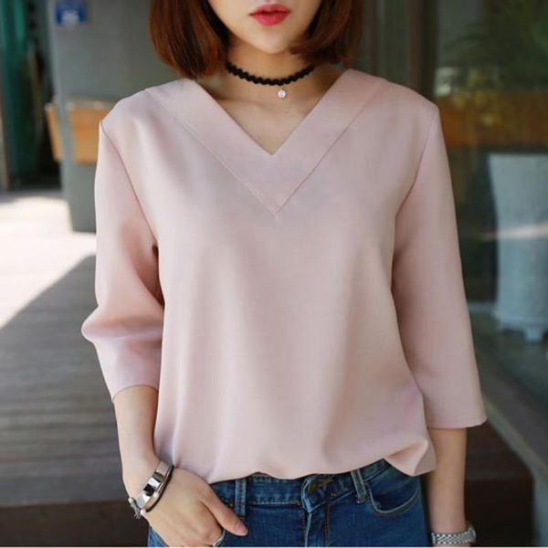 

summer women v-neck chiffon blouse office ladies work shirts solid s-xl, White