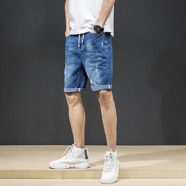 

fashion solid plus size shorts jeans men casual loose knee length denim pants men scratched jean hombre, Blue