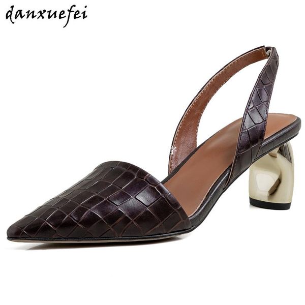 

women's stone grain cowhide slip-on high heel pointed toe sandals elegant ladies slingback evening dress pumps summer dress shoe, Black