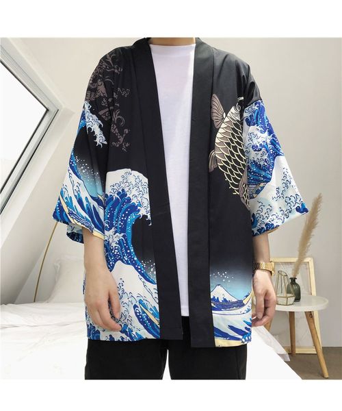 

japanese kimono cardigan men wave and carp print long kimono cardigan men thin mens jacket coat rs-258, Black;brown