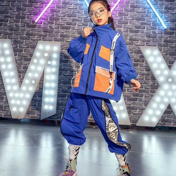 

hip hop kids street wear baby girls' clothing jazz dance clothes blue suit stage outfit coat pant chidren performance wear 3226, Black;red