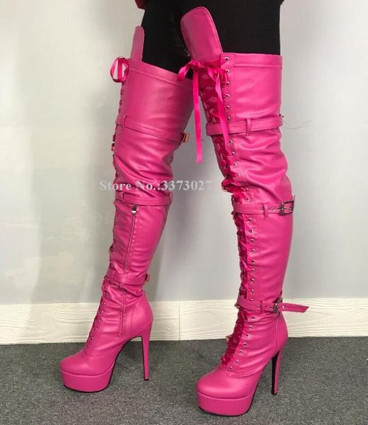 

real ps rose red leather platform long boots women cross tied stiletto heel thigh high boots lady design over the knee, Black