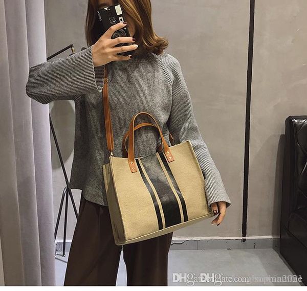 

korean version of the ladies portable briefcase ol professional business commuter stripes simple square canvas big bag shoulder bag khaki