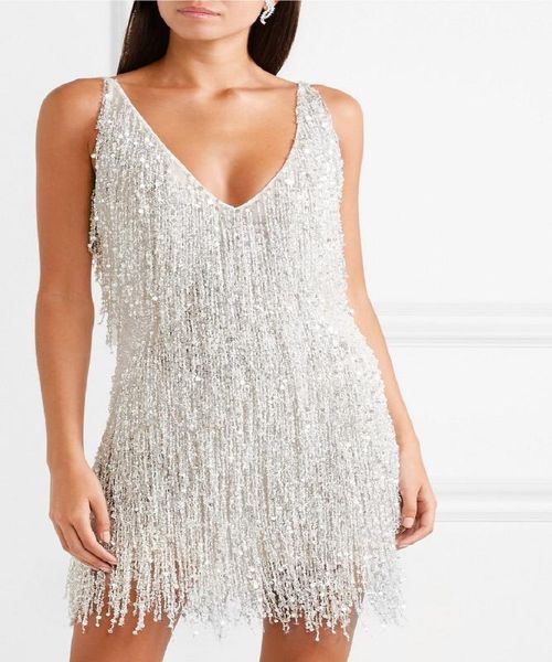 2020 sommer frauen V-ausschnitt Ärmellose Süße Nette Kurze Quasten Kleider Glanz Backless Nacht Club Party Kleid Mujer Vestido