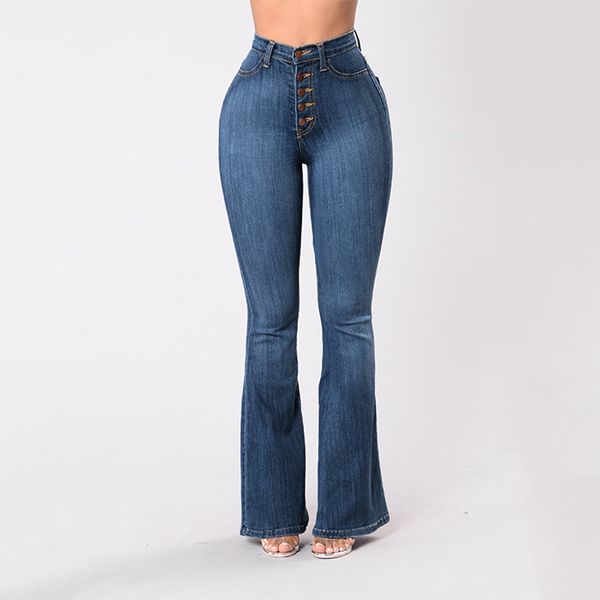 

wide leg jeans pants women denim long flare pant high waist office lady plus size zipper trousers slim pantalones button trouser, Blue