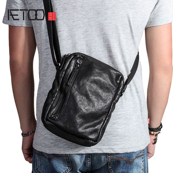 

aetoo casual shoulder bag men's leather small bag retro youth vertical men's first layer leather messenger tide