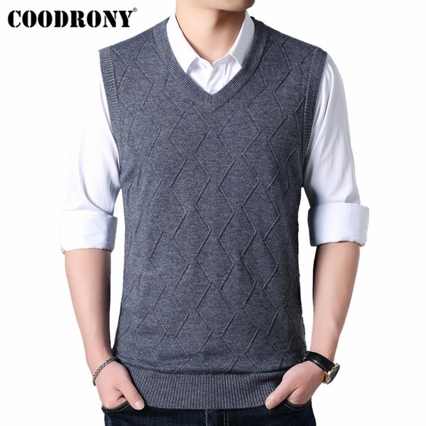 

coodrony mens sweaters 2019 autumn winter sweater men v-neck sleeveless vest pull homme knitted cashmere wool pullover men 91017, Black;white