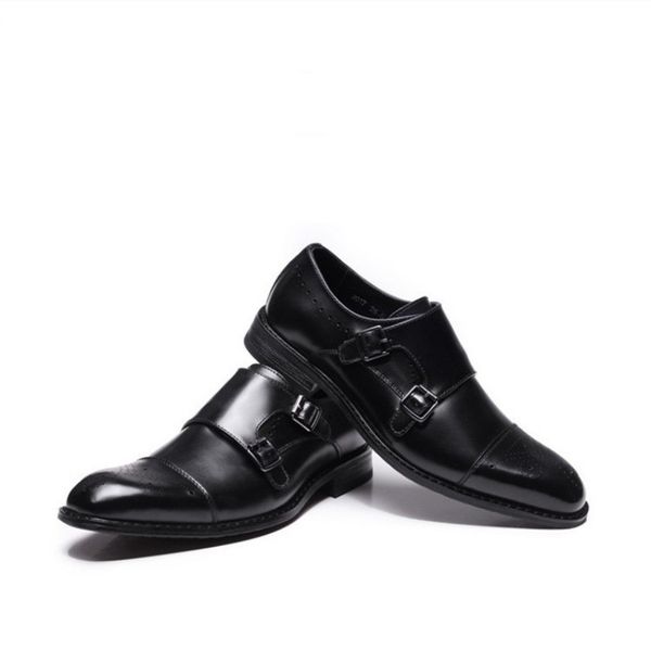 

england business casual leather shoes men double buckle brogues brown dress zapatos 2019 fashion breathable wedding derby shoes, Black