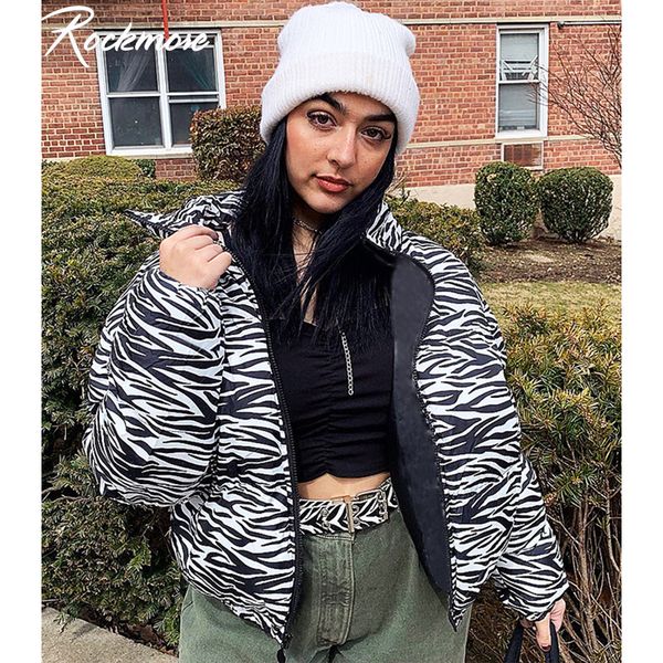

rockmore zebra striped parka woman winter coats and jackets women zipper thicken turtleneck crop parkas streetwear jacket, Black