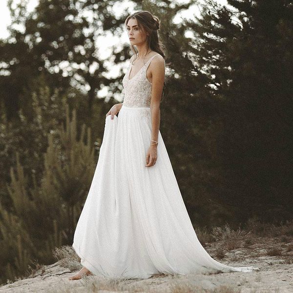 

принцесса new vintage платье backless v шеи свадебное платье sexy pearls кружева ручной ремень развертки поезд шифон свадебные платья boho s, White
