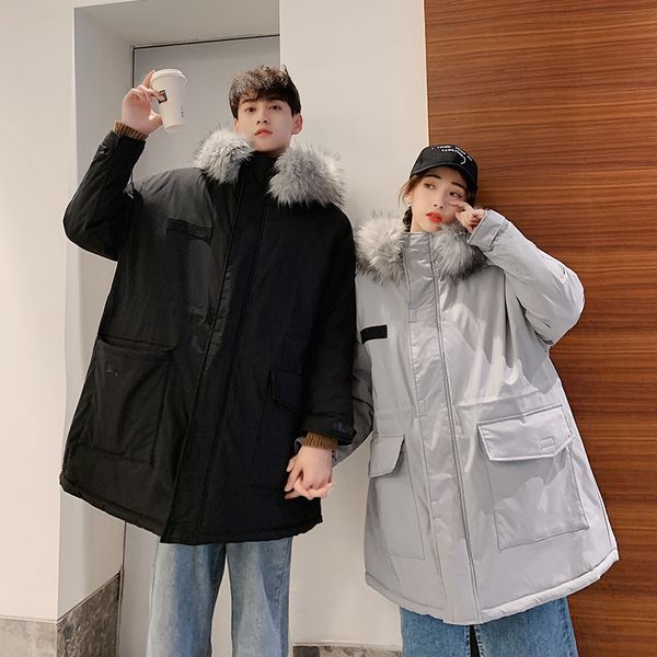 

2019 winter new men's korean version of the loose couple in the longsectionof thetoolingfur collarstudent leisure harajuku coat, Black