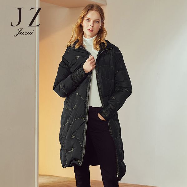 

2018 new stand collar zipper bright silk blend embroidery long down jacket female juzui, Black