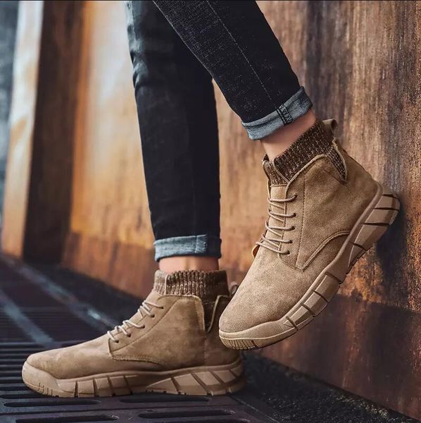 

men boots fly patchwork knit winter boots designer ankle martin boots brown black outdoor sneakers size 40-44