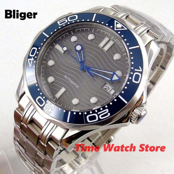 

bliger 41mm miyota 8215 automatic watch men sapphire glass waterproof luminous grey dial date bright blue bezel ss bracelet b325, Slivery;brown