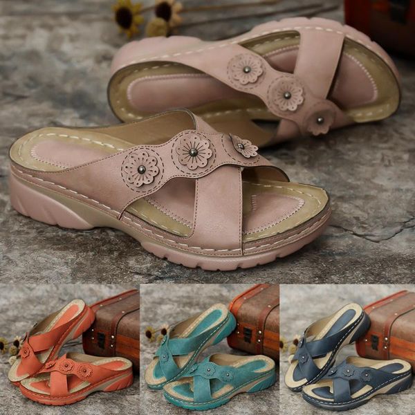 

slippers summer women 2021 rome retro casual shoes thick bottom wedge open toe sandals beach slip on slides female .2, Black