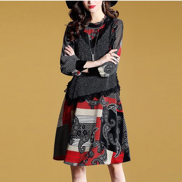 

2019 new female retro print fake two a - line women dress, Black;gray