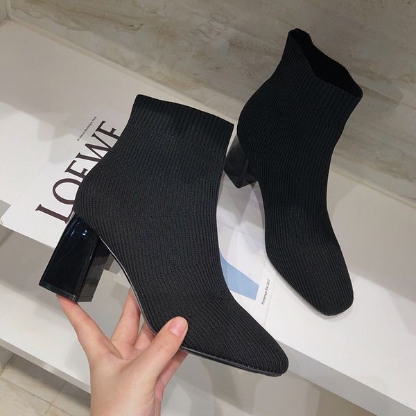 

i is cable short boots women's chunky-heel korean-style 2019 autumn new style simple basic models knitted sleeves fashion shoes, Black