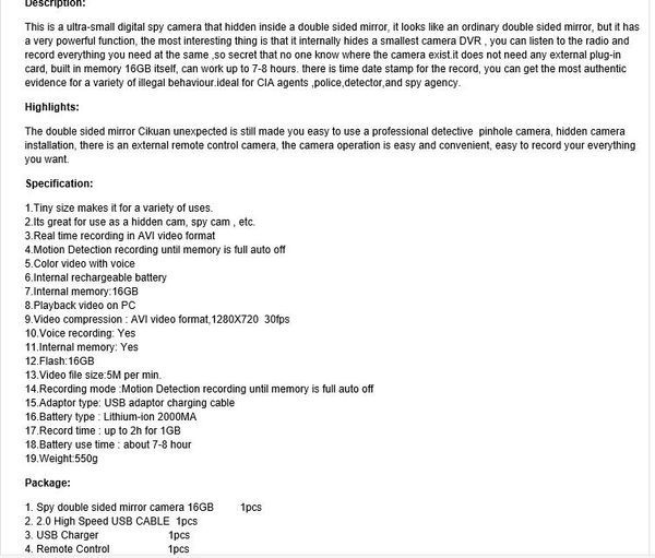 

double sided mirror remote control 720p hd camera dvr 16gb( motion ativated