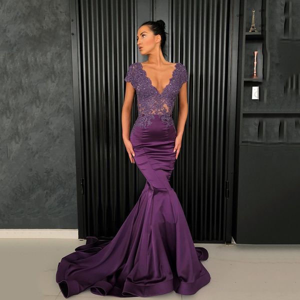 

long evening dress 2019 mermaid v-neck cap sleeve beaded lace nude back purple arabic style women formal evening gown, White;black