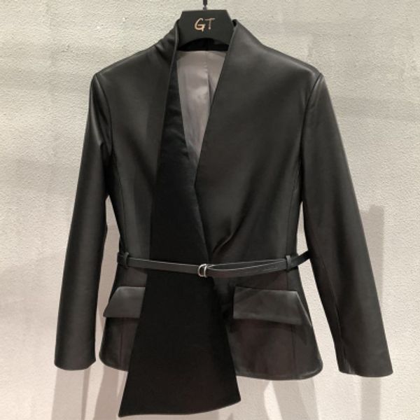 

woman coats natural sheepskin leather jackets female v-neck windbreaker sheepskin leather overcoat leather belt decoration, Black;brown