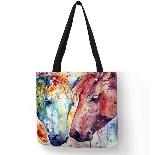 

exclusive watercolor horse print linen shopping bag folding reusable traveling school bags casual handbags for women