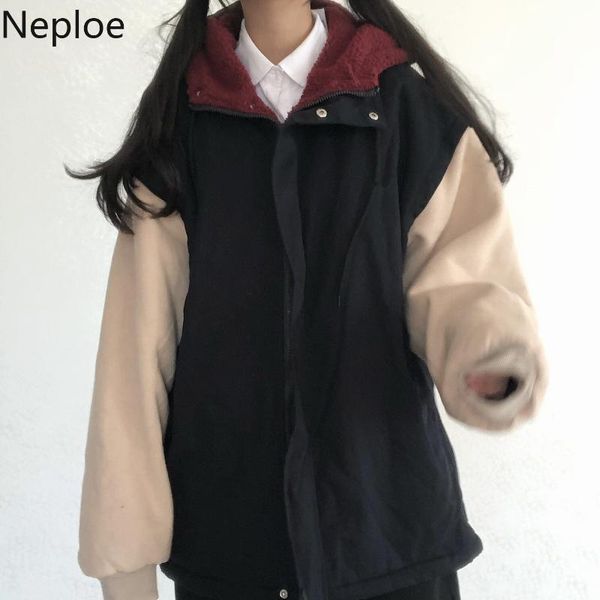

neploe 2019 winter thicken parkas safari style contrast color hooded jacket zipper long sleeve women korean parka coat 56963, Black