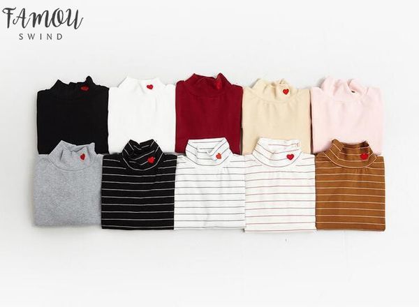 

2020 new fashion women t shirts striped korea wild love heart embroidery high necked long sleeved t shirt drop shipping good quality, White