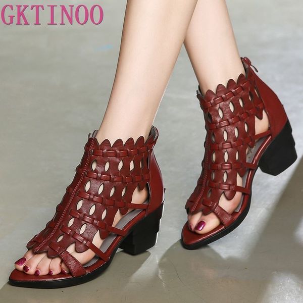 

gktinoo 2020 new summer retro style hand-woven real leather sandals thick heel soft bottom women shoes elegant fashion sandals y200702, Black