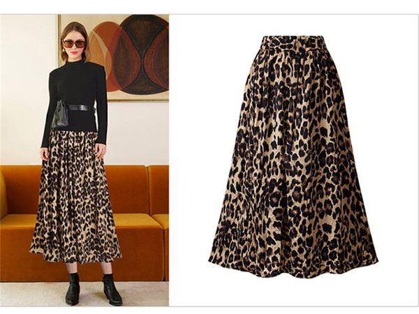 

womens designer leopard print skirts high waist ladies plus size contrast color skirts female mid calf clothing, Black