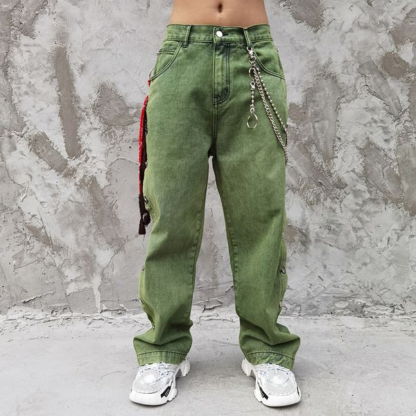 

new male women couple denim pant men side buttons washed vintage streetwear hip hop loose straight jeans trousers, Blue