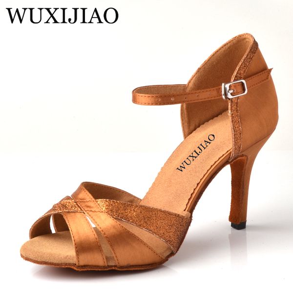 

wuxijiao latin dance shoes salsa women's bronze satin unique tailor design satin shoes for ballroom dancing tango
