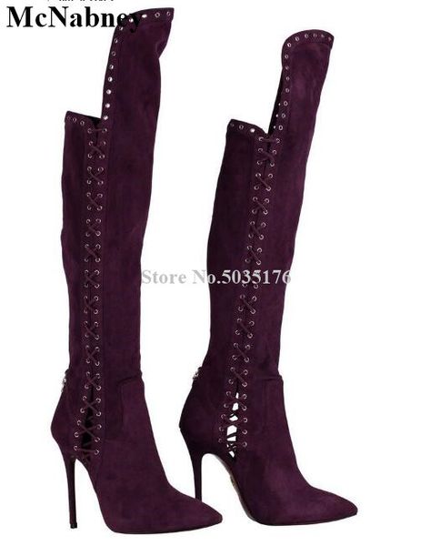 

mcnabney women long boots cross-tied lace-up irregular pointed toe knee high lady boots stiletto heel fashion solid women shoes, Black