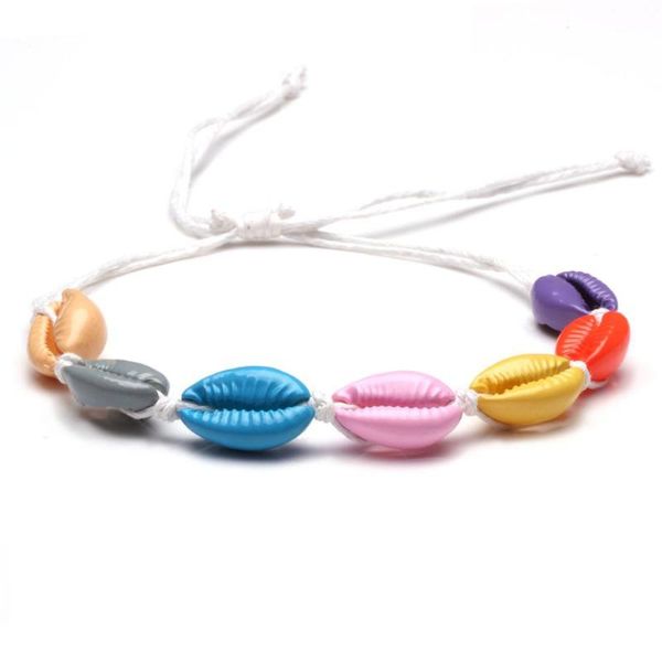 

multicolored cowrie seashell white waxed string braided bracelet women men natural shells painted pink blue grey yellow jewelry, Golden;silver