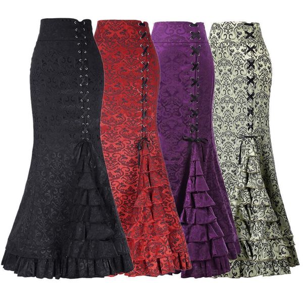 

long skirts long skirt women new gothic vintage long skirt floral print ruffe lace up maxi skirt bodycon slim elegant, Black