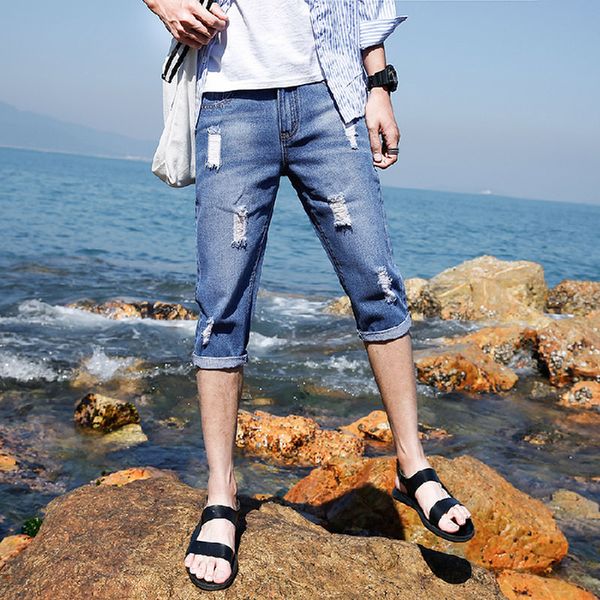 

summer hole jeans men's slim micro-elastic calf length casual pants men's big size skinny new fashion jeans size 27-36, Blue