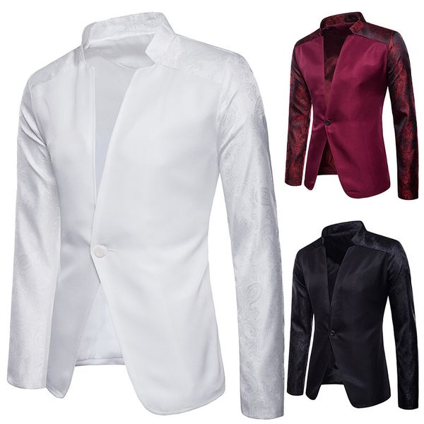 

single button male slim fit white blazer jacket floral pattern men's fashion wedding suit coat banquet dinner talicoat for man, White;black