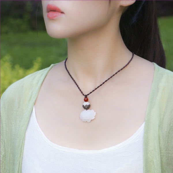 

classic style silver plated lotus flower white agates pendant handmade weave rope chain necklace for women jewelry