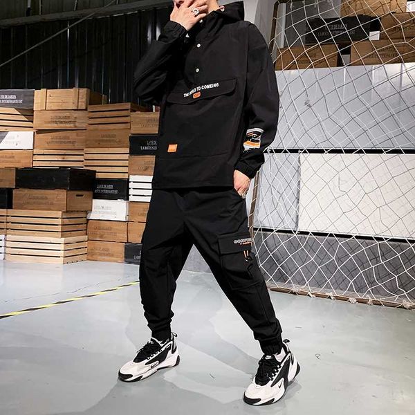 

мужская куртка с капюшоном + брюки 2шт наборы мал спецодежда прилив карты свободный пуловер передний карман пальто длинные брюки мал одежда, Gray