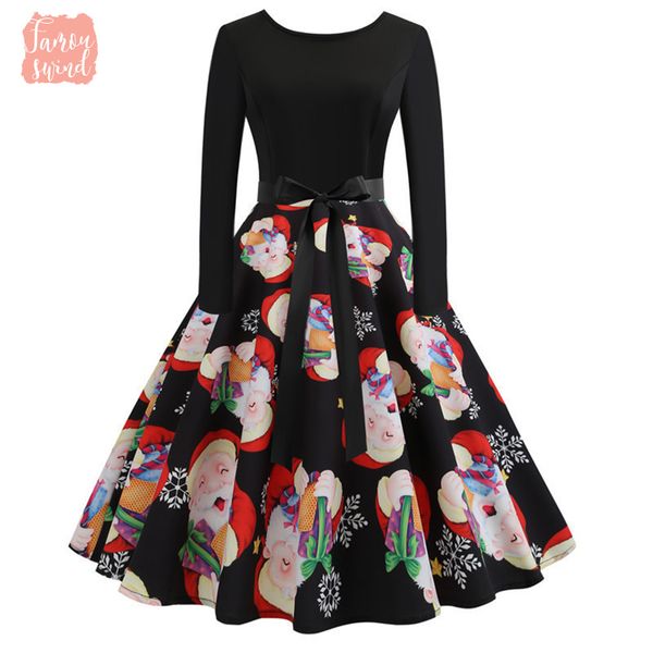 

vintage women twill christmas dress printed winter casual midi dress o neck party dresses swing plus size designer clothes, Black;gray
