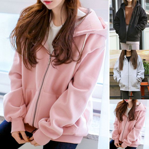 

2019 women hooded fleece long sleeve loose casual zip pockets solid jacket coat hang or line dry 6.26 0.5, Black;brown